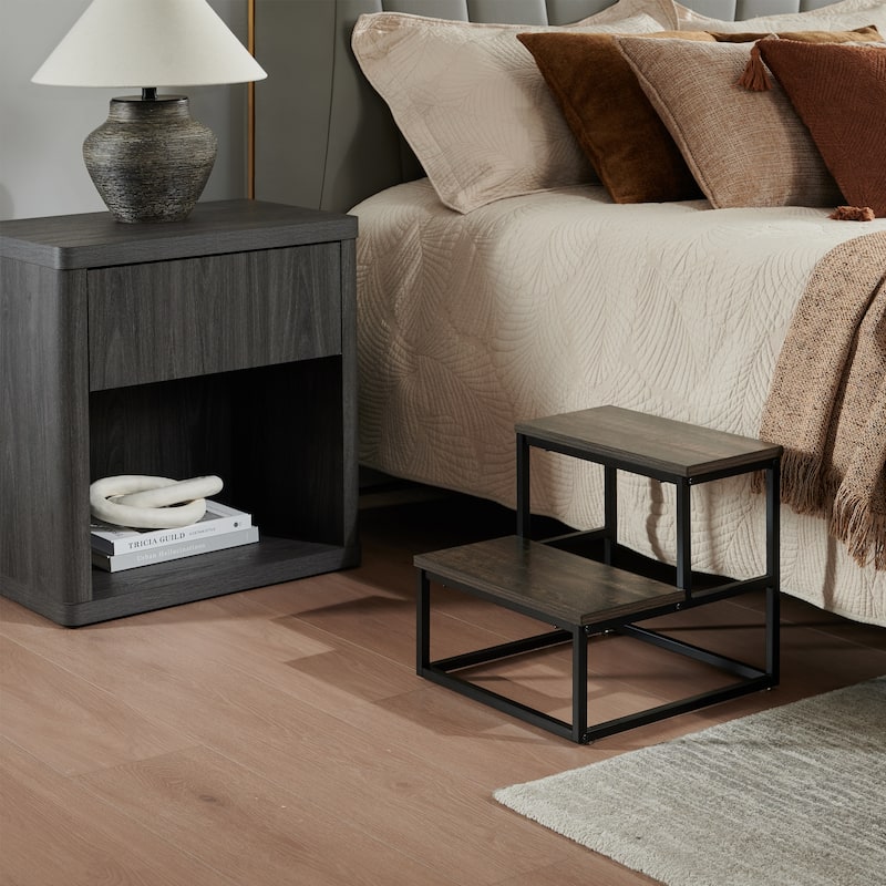 Axel Walnut Wood and Metal 2-Step Modern Industrial Step Stool - Black