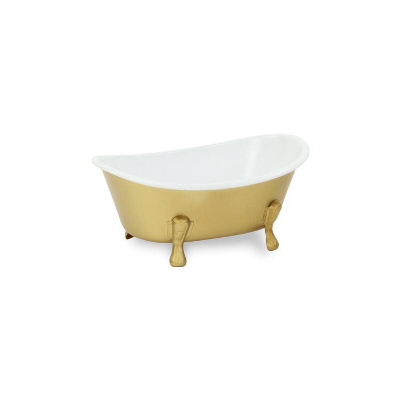 HomeRoots 7" Gold And White Metal Hand Painted Decorative Tub - 7.00 in. x 3.25 in. x 4.00 in.
