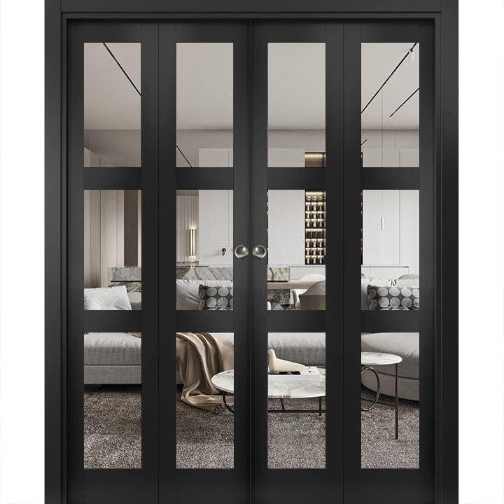 SartoDoors Lucia 2555 | Closet Door Bi-fold Door | Solid Wood w/ Glass | Hardware Set | 72x80, Matte Black Bedroom Door
