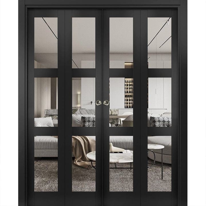 SartoDoors Lucia 2555 | Closet Door Bi-fold Door | Solid Wood w/ Glass | Hardware Set | 72x80, Matte Black