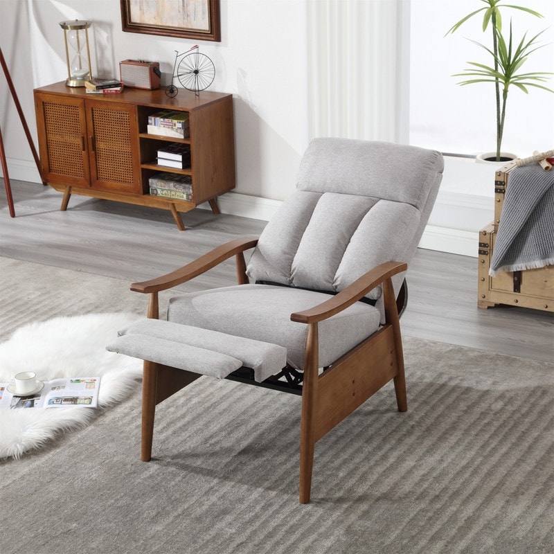 Mid-century Wood Frame Linen Fabric Upholstered Accent Lounge Arm Chair with Lumbar Support