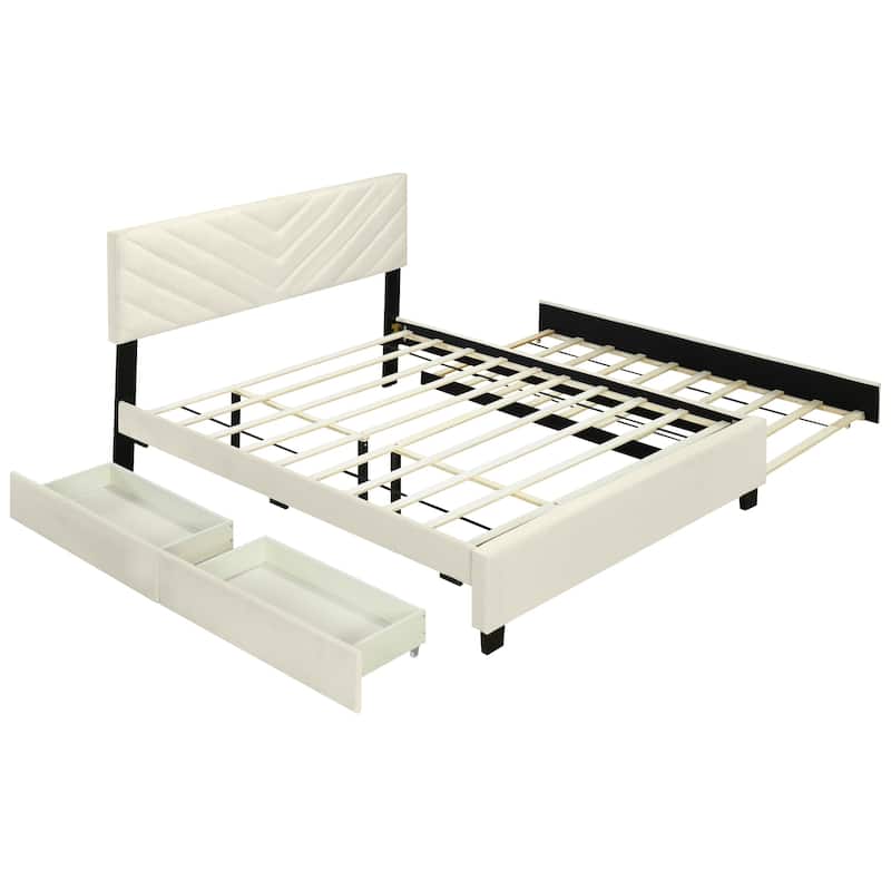 Twill Upholstered Bed with Twin Trundle & Drawers, Queen Size, Beige