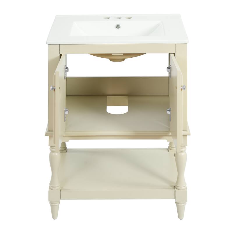 24" Modern Luxury Bathroom Vanity with Ceramic Sink, Compact Cabinet with Open Shelf & Closed Storage