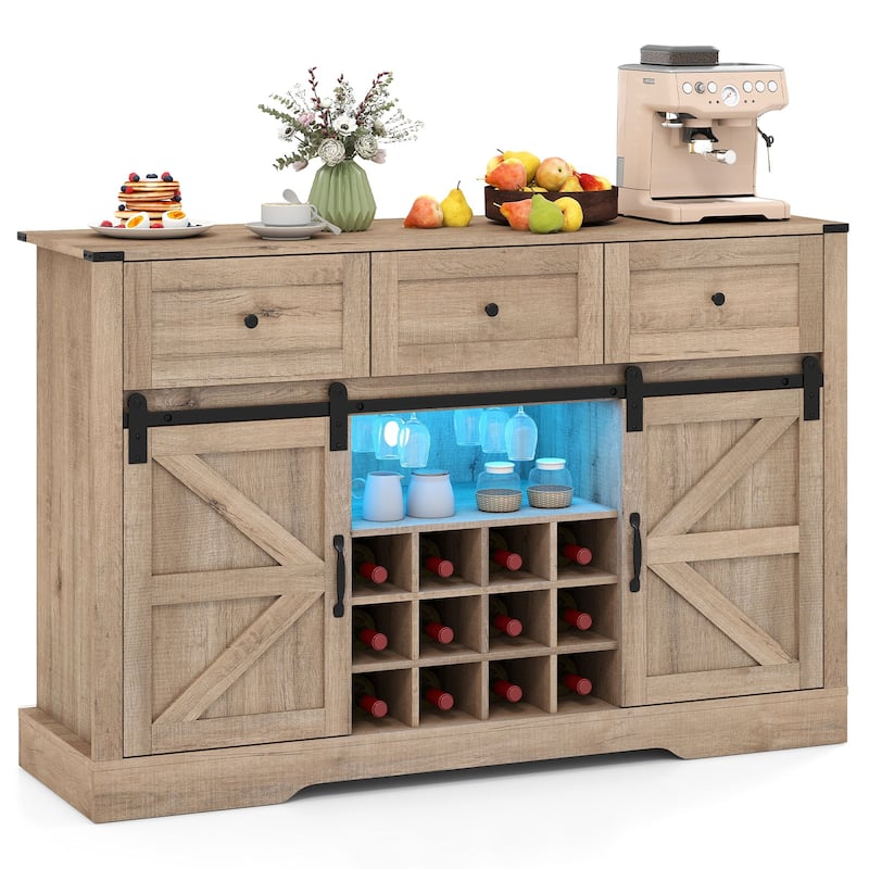 Gymax Wine Bar Cabinet w/LED Lights & Doors Coffee Station w/ - Light Oak