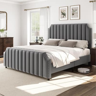 Queen/ King Size Velvet Bed Frame, 50.2" Tall Headboard & Footboard, Upholstered Platform Bed Frame No Box Spring Needed