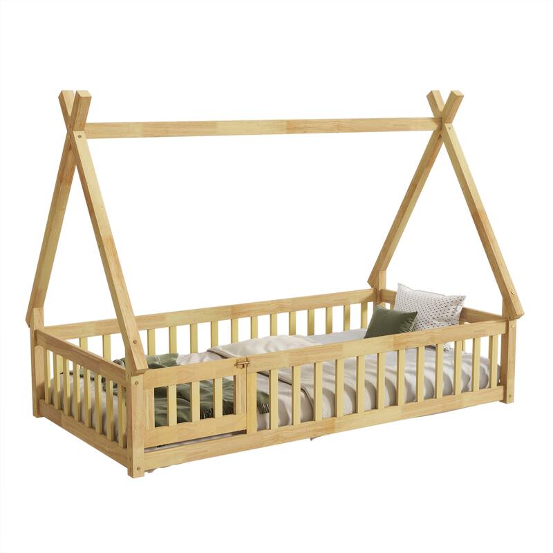 Tent-Shaped Floor Bed, Wooden Kids Teepee Bed with Fence and Door