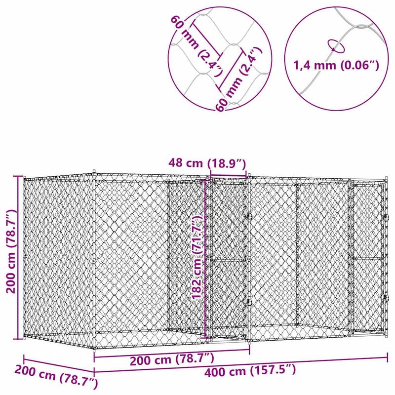 vidaXL Dog Cage Silver 400/600 x 200 x 200 cm Galvanised Steel