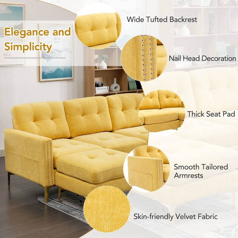 Convertible L-Shaped Velvet Sectional Sofa with Movable Ottoman and Gold Metal Legs for Living Room