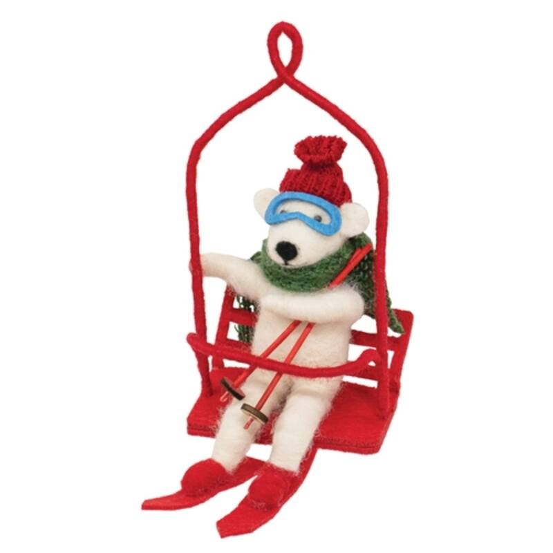 Ski Lift Polar Bear Felted Ornament for Christmas Tree Decor - 7" H x 3.25" W x 4.5" D - White/Red