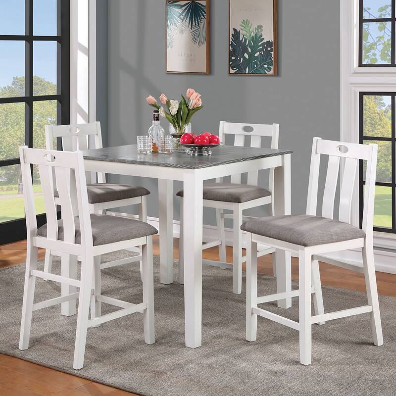 Solid wood 5pc Counter Height Dining Set Table 4x Chairs Linen Like Fabric Cushions Seats Chairs Dining Room