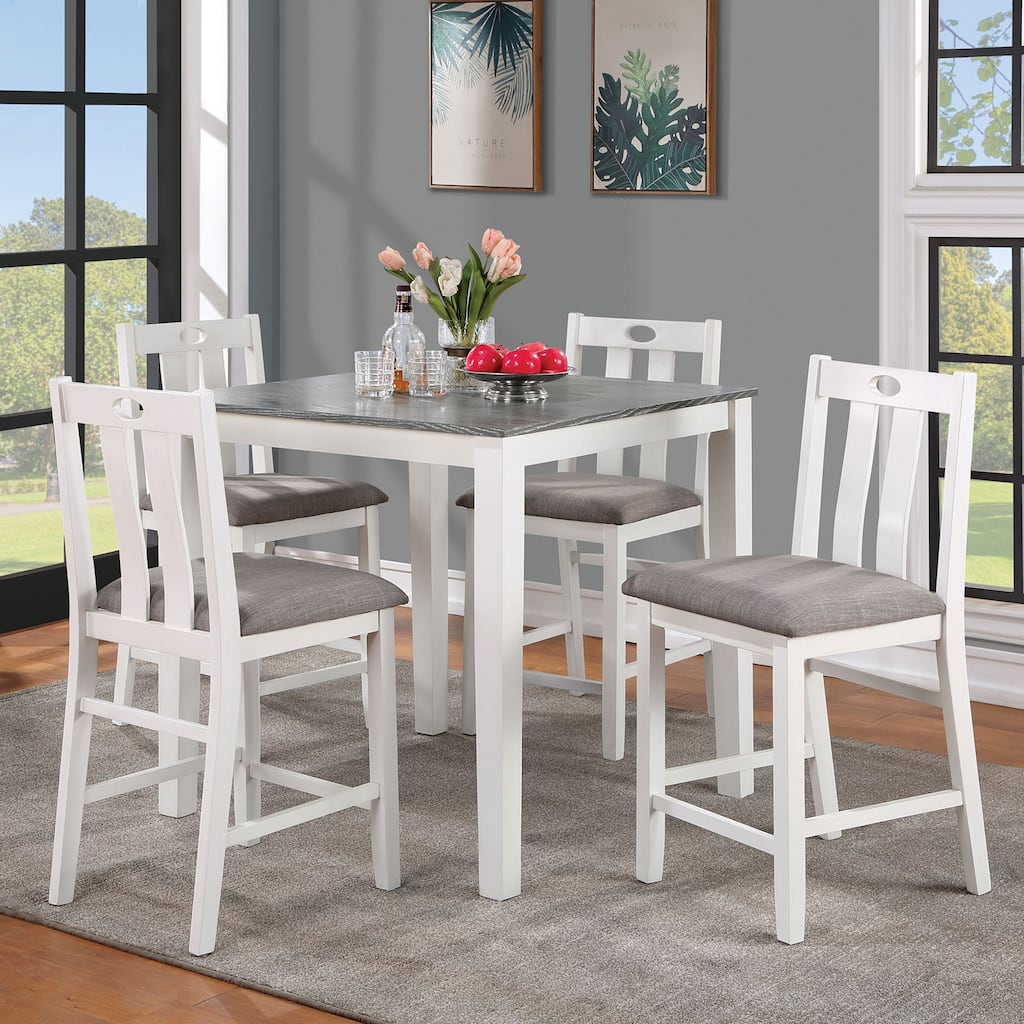Solid wood 5pc Counter Height Dining Set Table 4x Chairs Linen Like Fabric Cushions Seats Chairs Dining Room