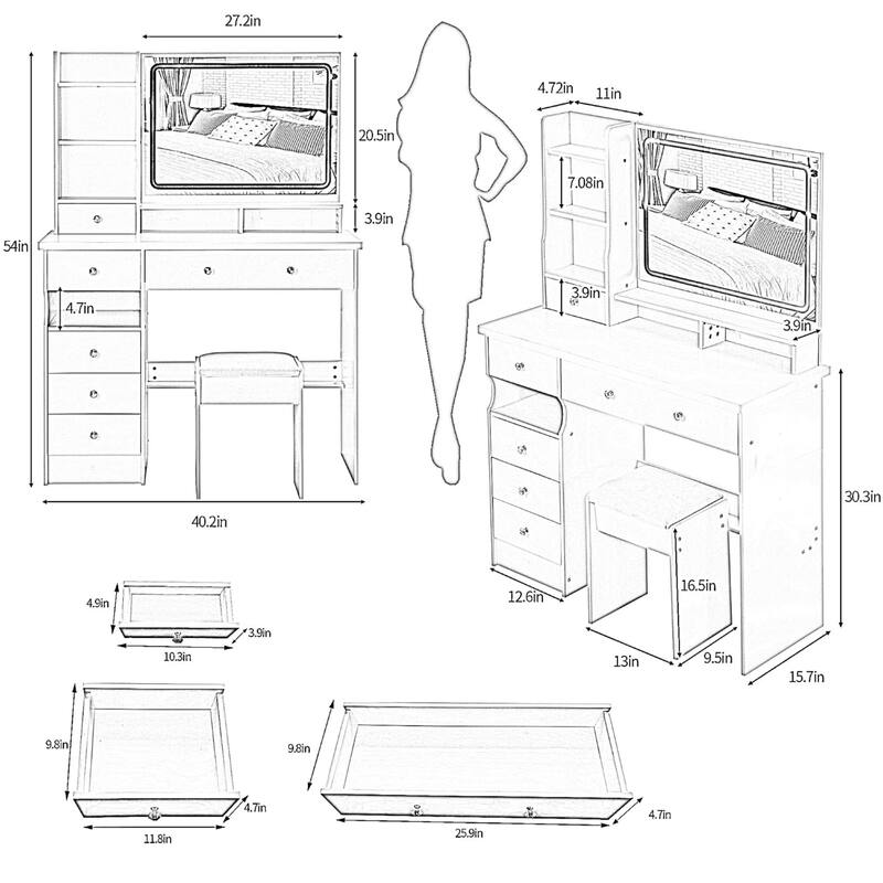 KISRAIS 41" Large Size Fashion Vanity Desk with Mirror and Lights, 3 Color Lighting Brightness Adjustable