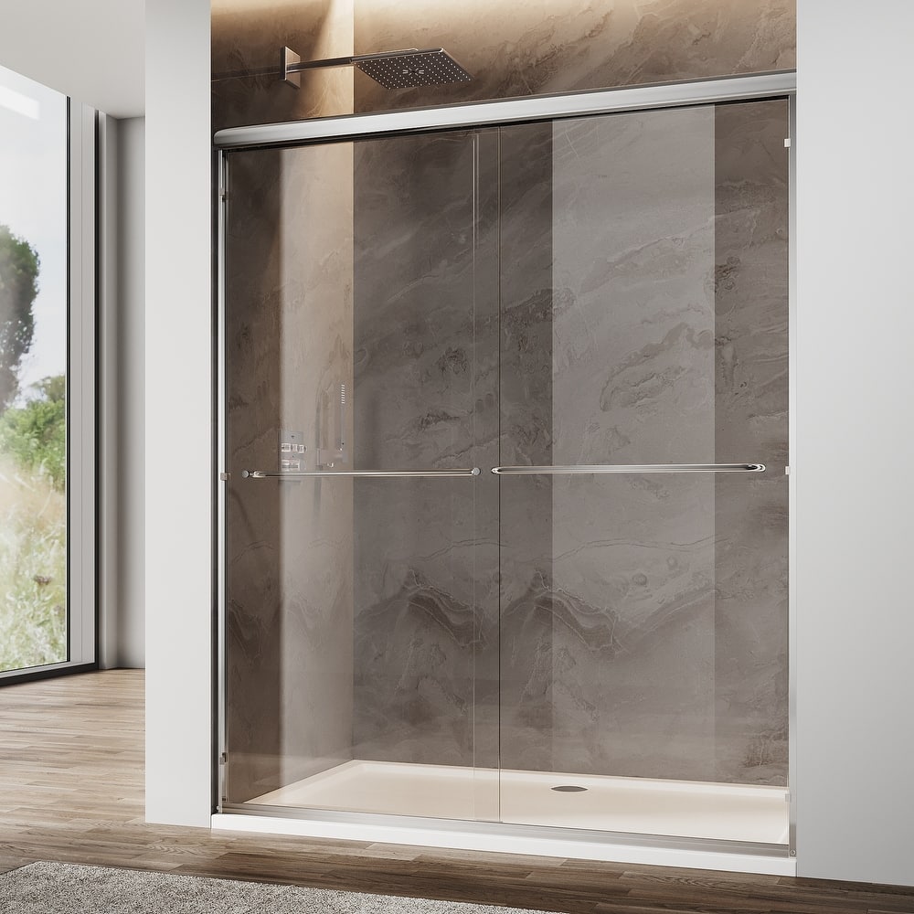 Sunny Shower Double Sliding Shower Door Bright Silver Finish Framed With 1/4 inch Clear Tempered Glass