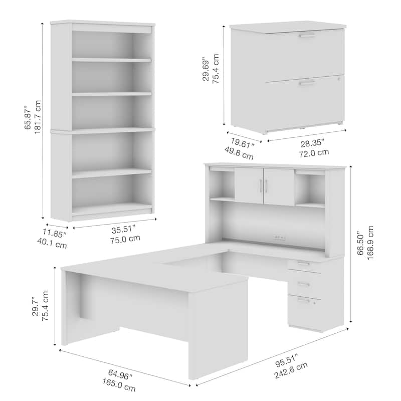 Bestar Logan 66W U-Shaped Desk with Hutch, File Cabinet, and Bookcase
