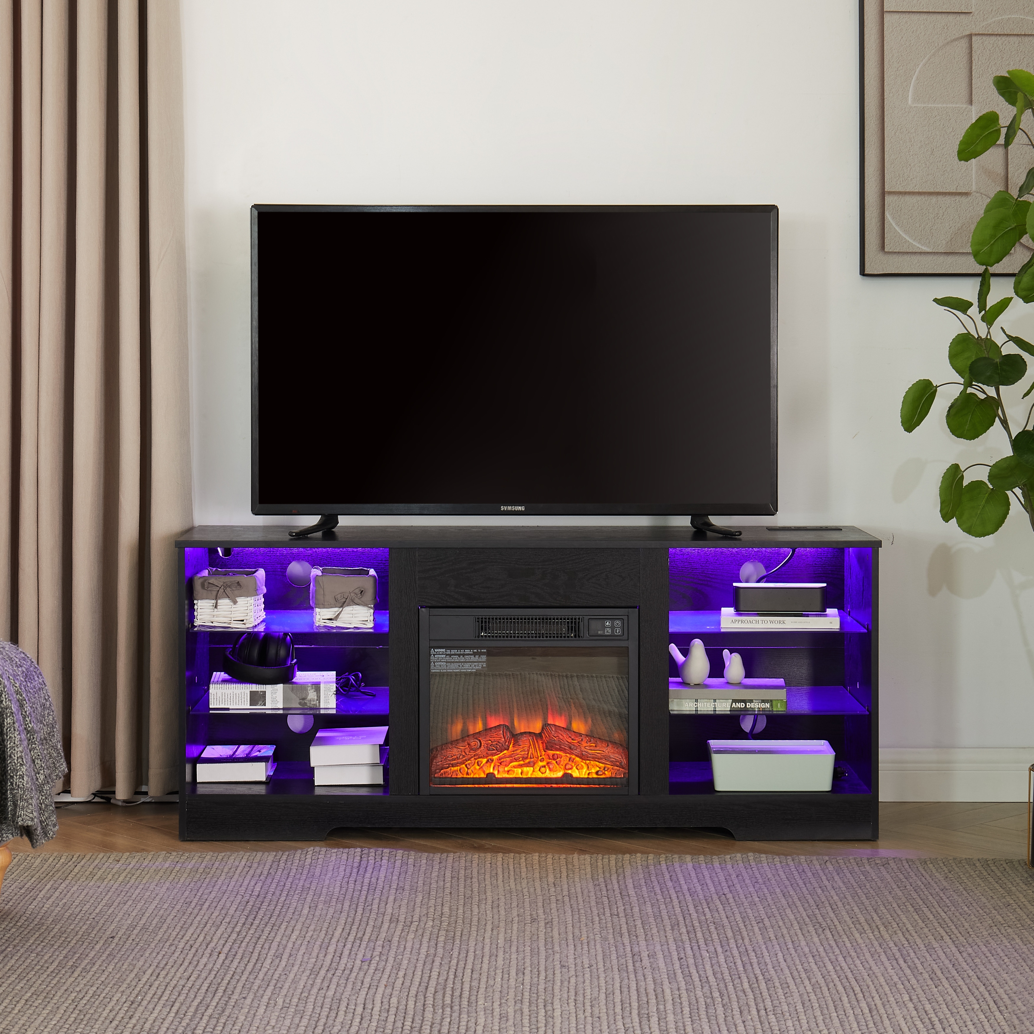 Electric Fireplace TV Stand with Glass Shelves, LED Lights