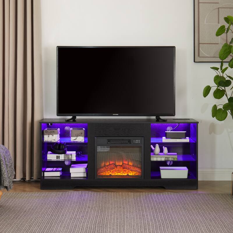 Modern 3D Fireplace TV Stand with USB Ports, LED Color Options, and Glass Storage Shelves for TVs 32-62'' - Black