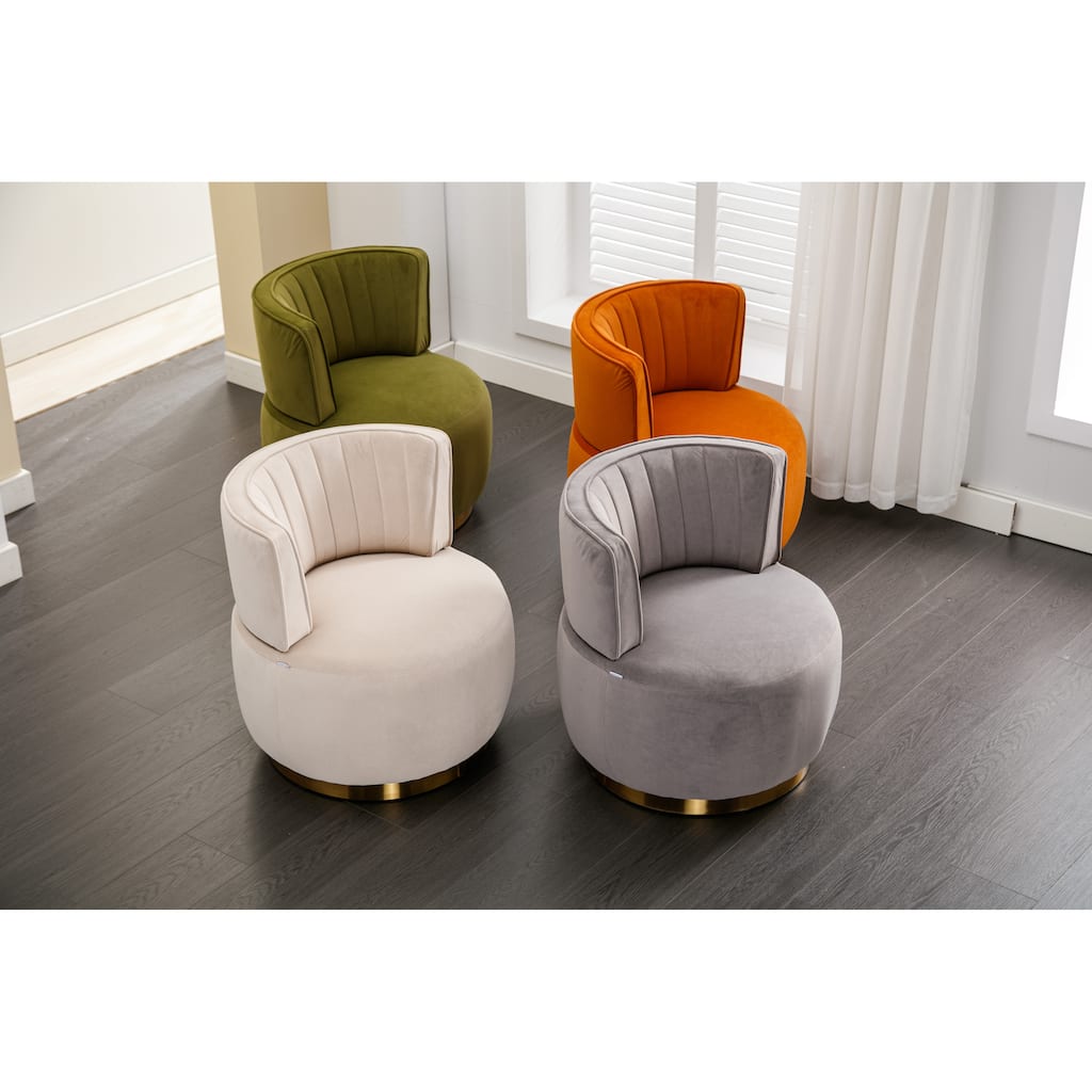 A round armchair with a 360 degree rotating bucket width cushion