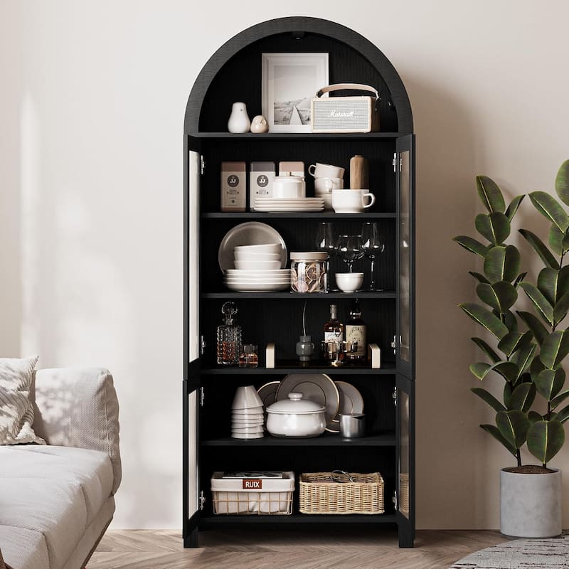 71" Tall Arched Cabinet with Glass Doors, Modern Farmhouse Arched Bookcase Storage with Shelves, Pantry Cabinet