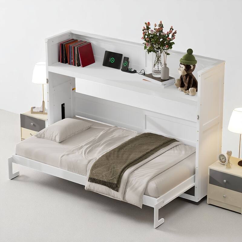 Twin XL Foldable Murphy Bed with Built-in Desk, USB Ports and LED Lighting, Pine Wood Frame, No Box Spring