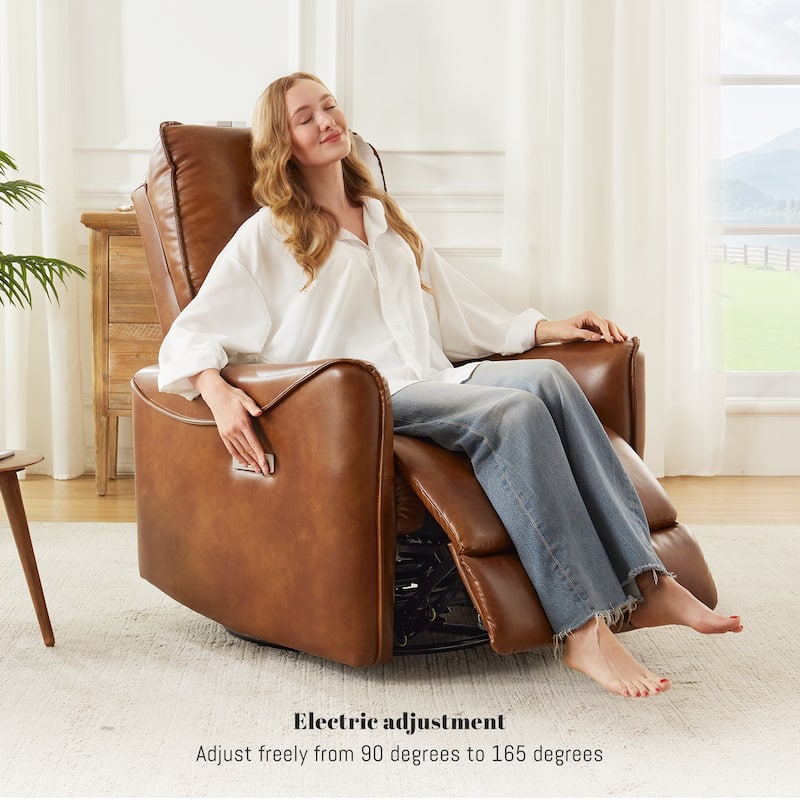 Brown Color Air Leather Electric Recliner Chair With Rocker And Swivel