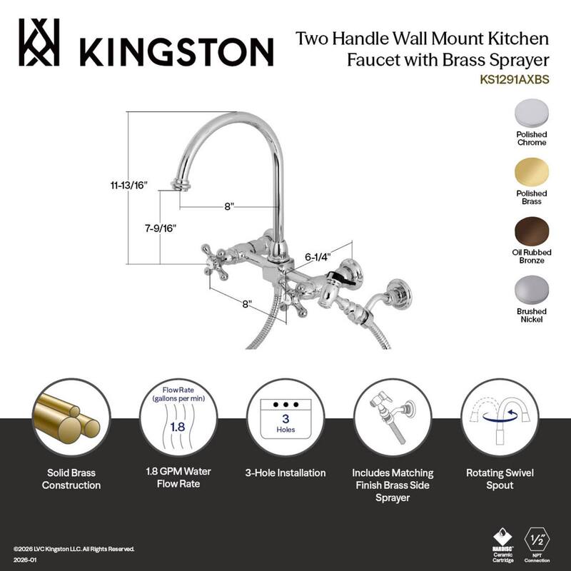 Kingston Brass Restoration Wall Mount Bridge Kitchen Faucet with Brass Sprayer