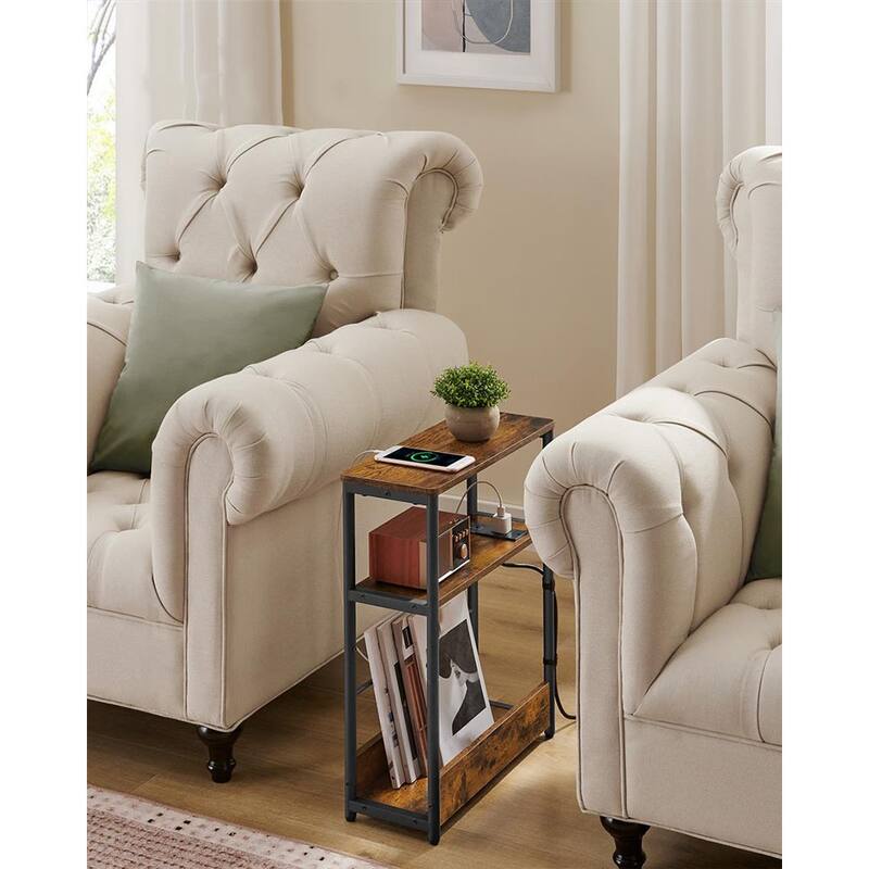 Space-Saving End Table with 3 Storage Shelves and Built-In Charging Station and Stable Steel Frame - 7.1"D x 17.7"W x 22.8"H