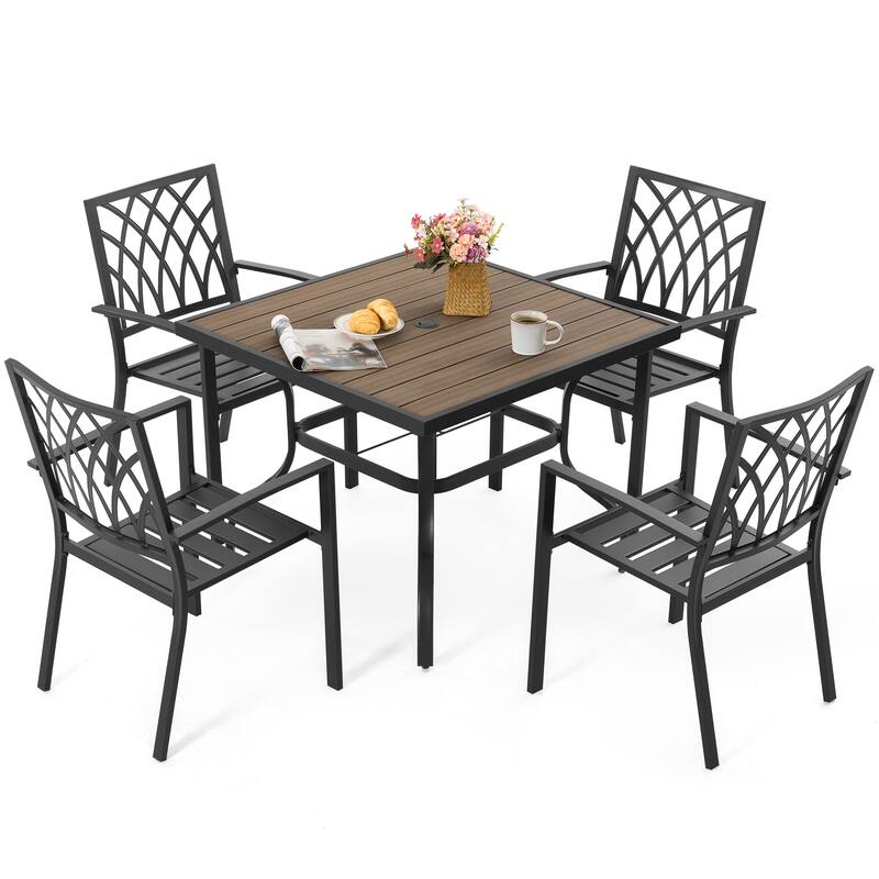 5PCS Patio Metal Dining Set with Umbrella Hole and Faux Wood Tabletop