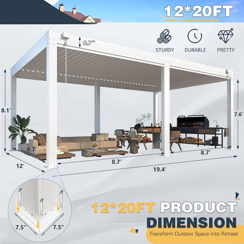 EROMMY Outdoor Louvered Pergola Gazebo with Adjustable Aluminum Rainproof Roof and Pull-Down Screen