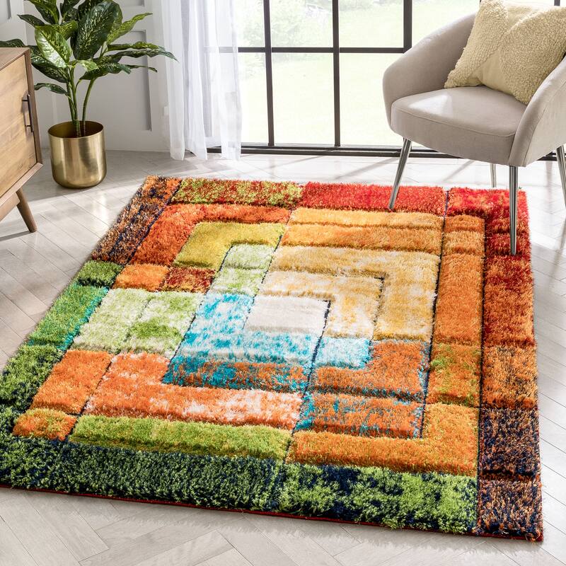 Well Woven Lolly Kenzo Retro Geometric Pattern High Low Shag Area Rug