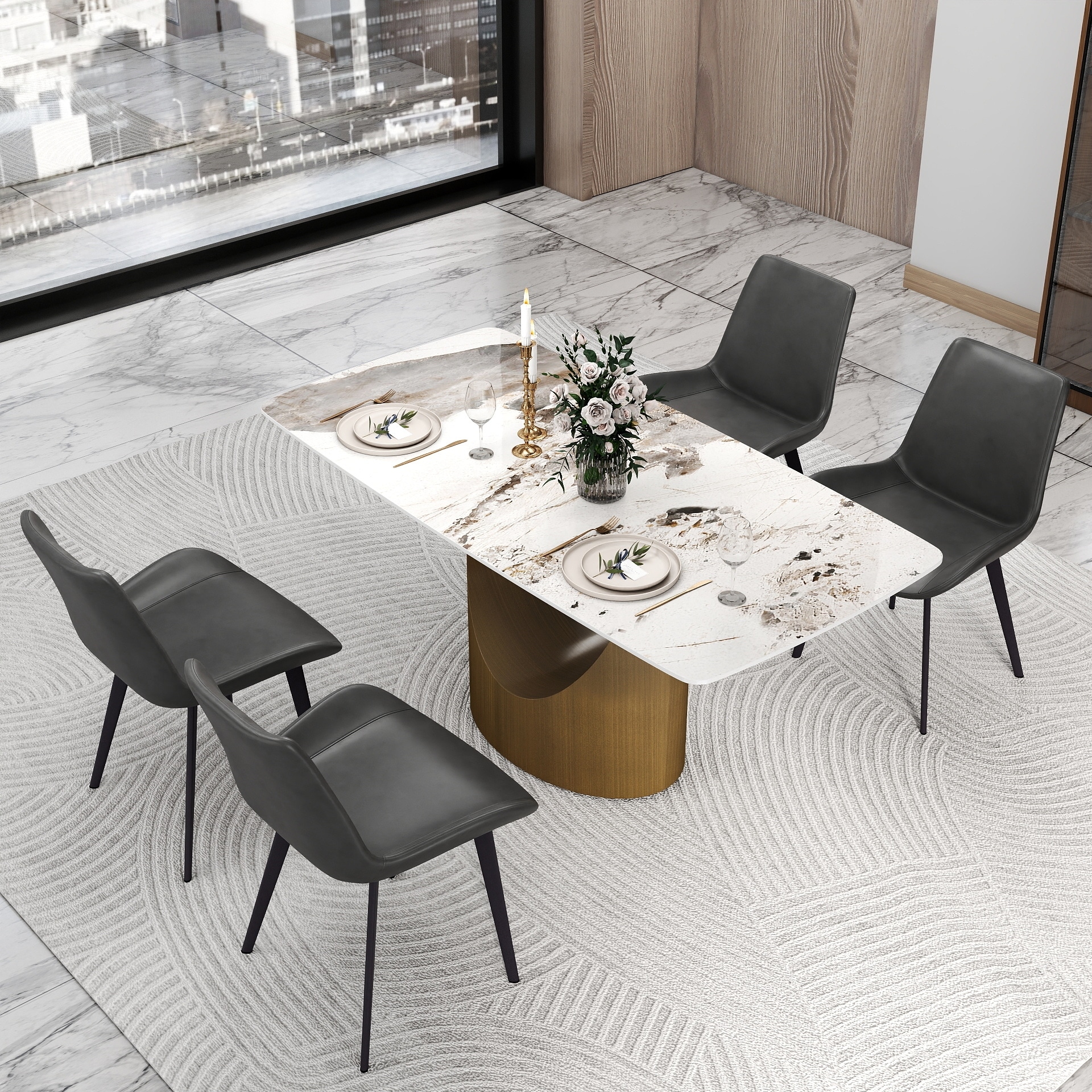 63" Dining Table for 6 with Sintered Stone Tabletop and Solid Carbon Steel Base