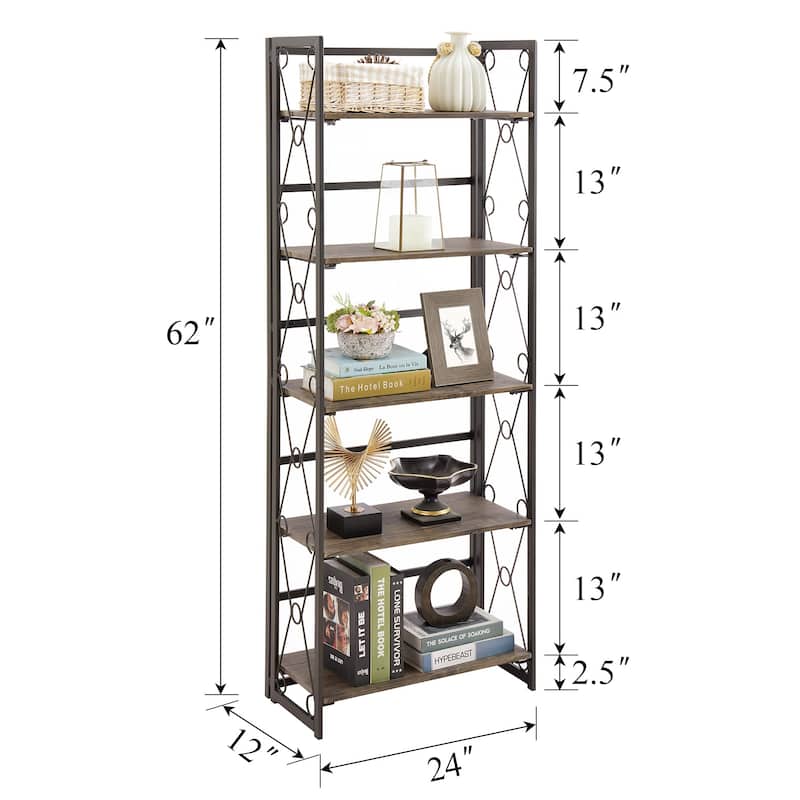 VECELO Contemporary 5-Shelf Display Bookcase, Industrial 62" Tall Bookshelf Storage Organizer