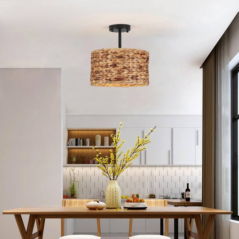 1-Light Semi-Flush Mount Lighting with Drum Shade, Classic Semi Flush Mount Chandelier for Living Room Kitchen Dining Foyer