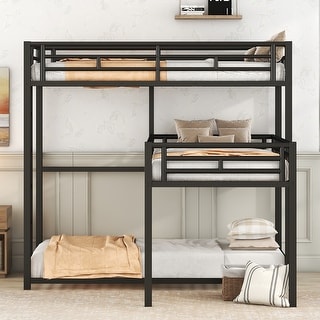 L-Shaped Triple Twin Metal Bunk Bed with Guardrails and Ladder, Black