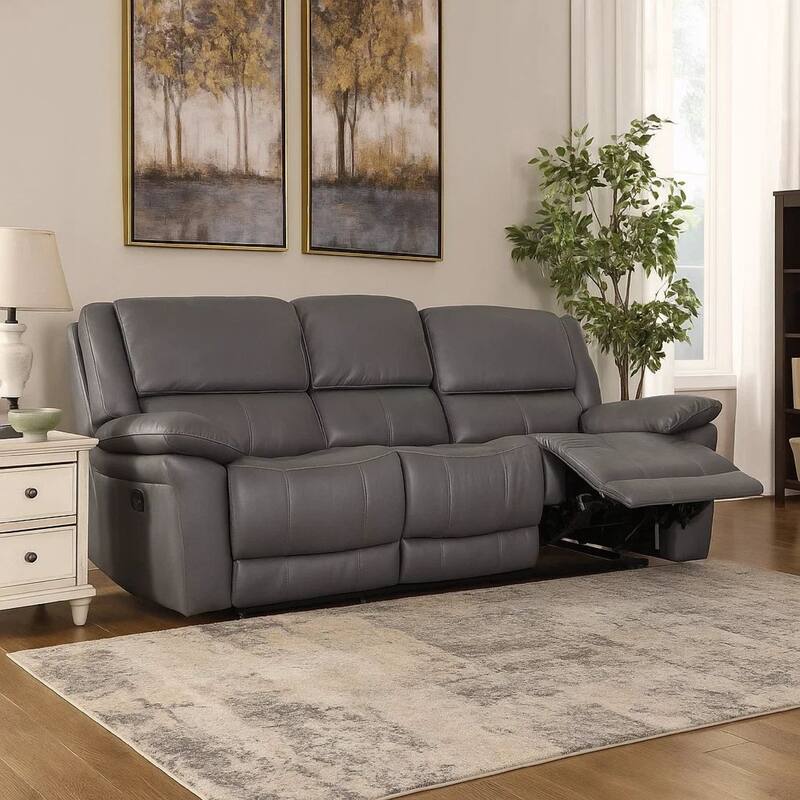 Larus Sofa, Manual Reclining Mechanism, Dark Gray Faux Leather, 82 Inch