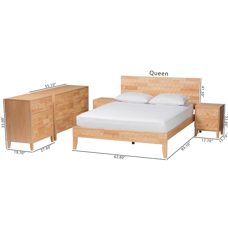 Hosea Japandi Carved Honeycomb Natural 4-Piece/5-Piece Bedroom Set (Multiple Bed Sizes)