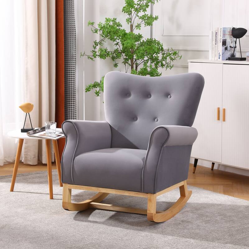 Nursery Chair Grey High Back Rocking Chair Fabric Padded Rocker Modern High Back Armchair with Curved Legs for Bedroom