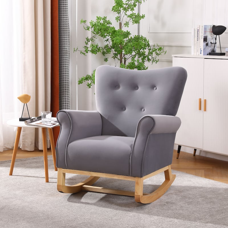 Nursery Rocking Chair with High Back, Modern Baby Room Rocker with Padded Seat, Comfortable Fabric Armchair - Grey