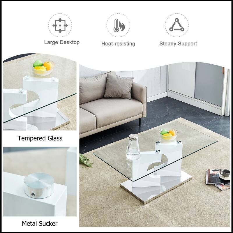 Rectangular Coffee Table with Tempered Glass Tabletop and White MDF Legs