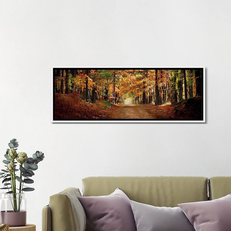 iCanvas "Horse running across road in fall colors" by Panoramic Images Framed Canvas Print