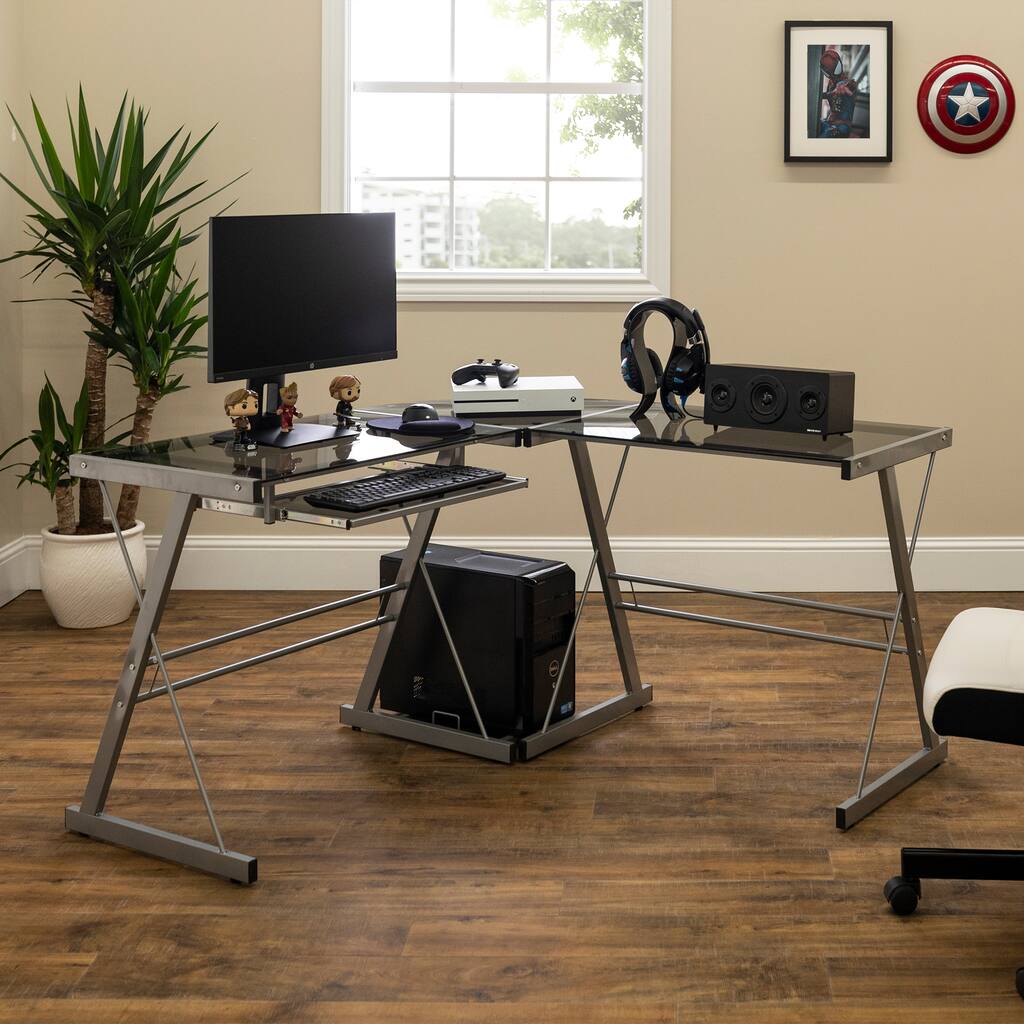 Walker Edison Hardy Silver Metal & Smoke Glass Corner Computer Desk