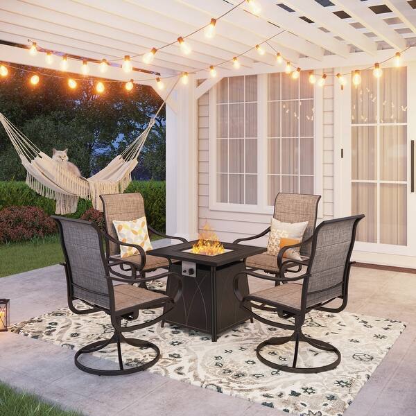 slide 2 of 12, 5-piece Gas Fire Pit Table Set, 50000 BTU Auto-Ignition Propane Gas Fire Pit Table with 4 Patio Swivel Chairs Grey