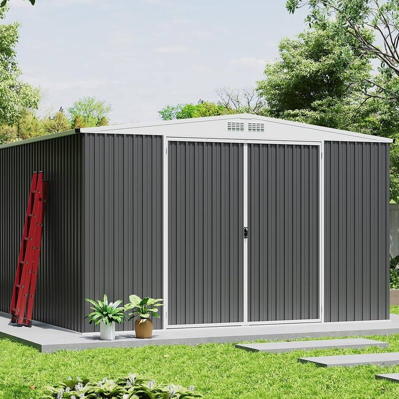 10x10FT Outdoor Metal Storage Shed Galvanized Steel Tool Sheds House with Lockable Doors & Air Vent, Large Utility Sheds