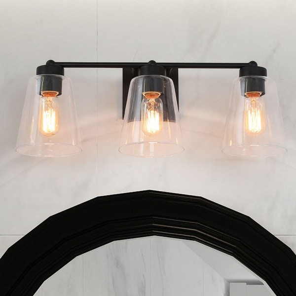 Black Farmhouse Vanity Bathroom Light Fixtures with Clear Glass Shades. Opens flyout.