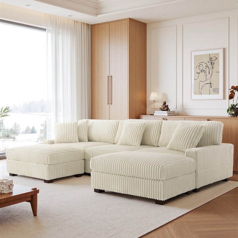 Mia 114" W Oversize Plush Corduroy Modular Sectional Sofa With Ottoman - 114" W - White