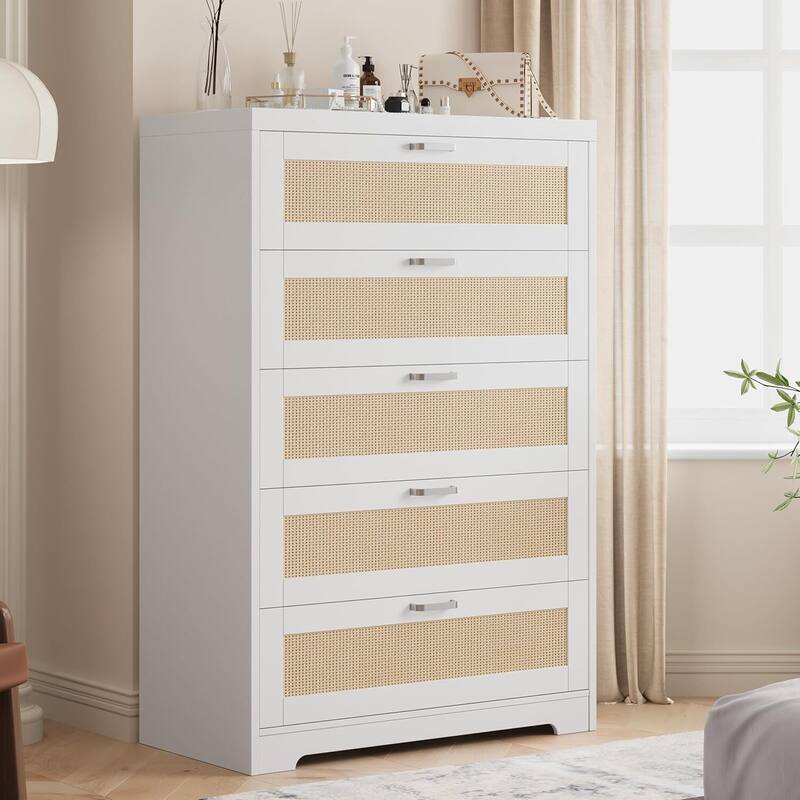 5 Drawers Rattan Dresser, Storage Chest of Drawer for Bedroom, Living Room, Entryway, Hallway - White