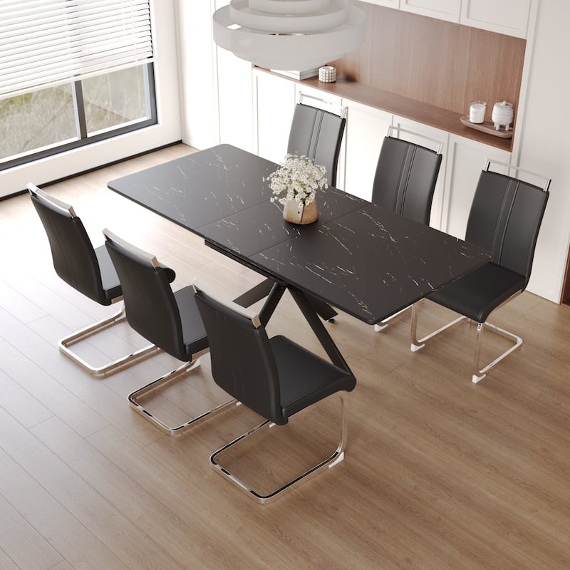 Modern Dining Set with Rectangular Extendable Large Table & C-shaped Tube Soft Padded Armless Chairs