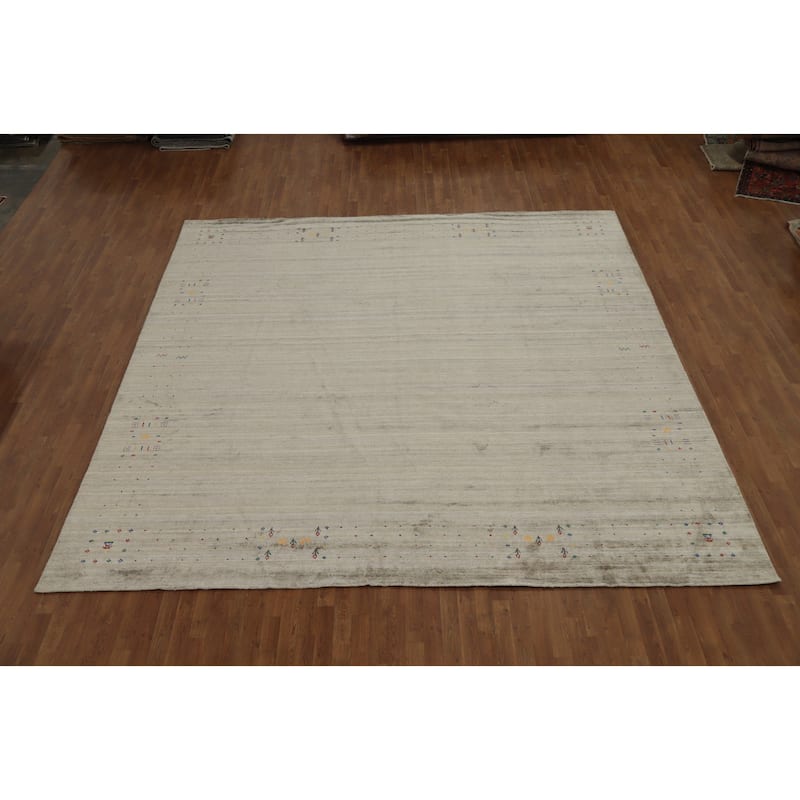 Hand Knotted Oriental Viscose Silk Carpet Tribal Animal Pictorial Beige & Ivories Gabbeh Area Rug - 11' 10'' X 11' 9''