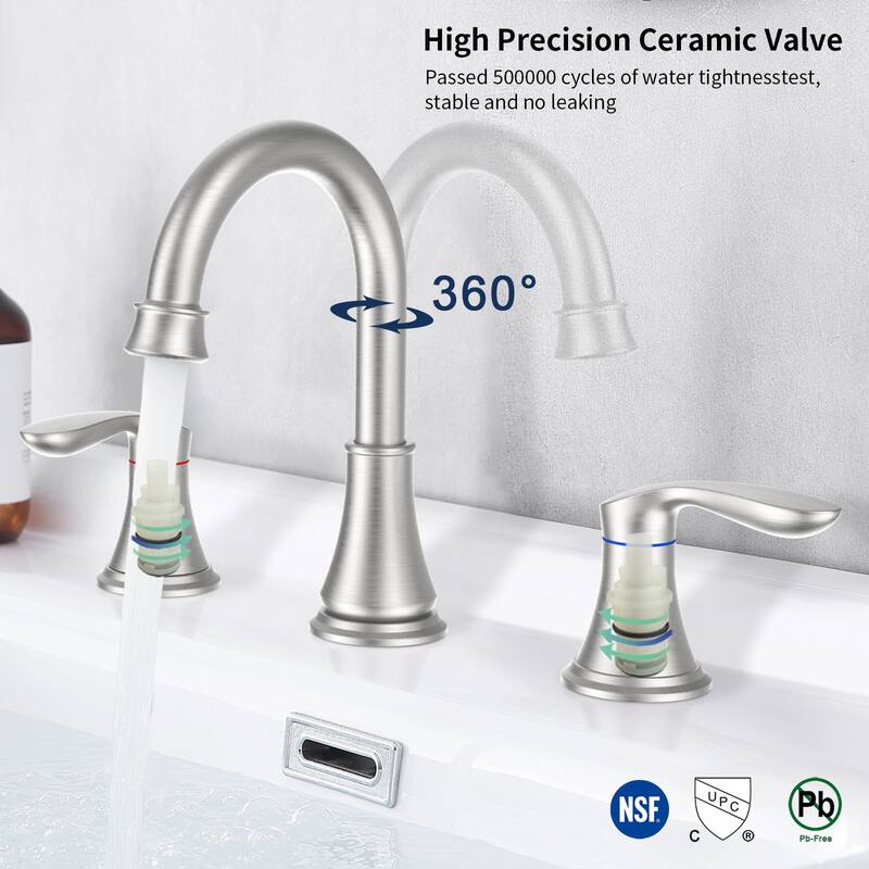 2-Handle Bathroom Sink Faucet 3 Hole 360° Swivel Spout Vanity Sink with Pop Up Drain Assembly and cUPC Water Supply Hoses