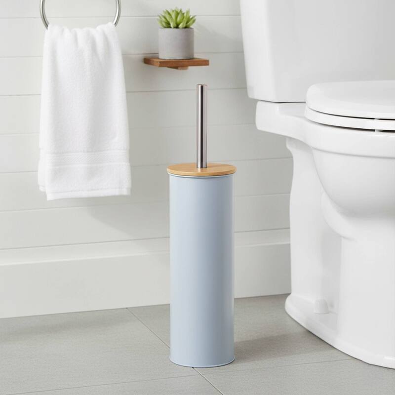 Metal Toilet Brush and Holder Set With Bamboo Lid