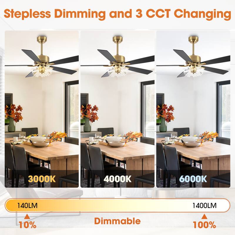 52" Modern Gold Acylic Flower Diammable Ceiling Fan with Light and Remote